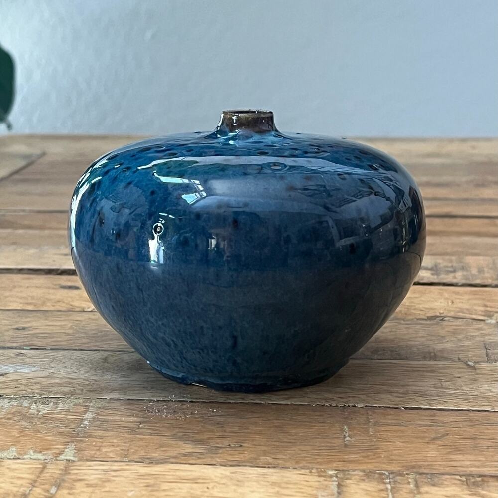Stoneware Bud Vase 3.5" Tall Deep Blue Hare's Fur Glaze Glossy Bulbous Body